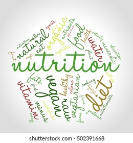 Nutrition word cloud in shape of pentagon. Healthy food concept.