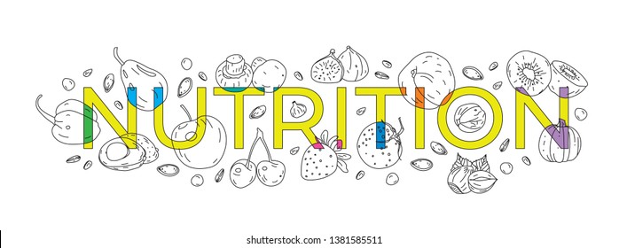 nutrition word. nutrition word and hand drawing fruits, vegetable shapes