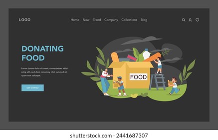 Nutritional aid concept. Diverse group of children joyfully contributing to community food donation box. Sharing and caring in youthful action. Helping out starving people. Vector illustration