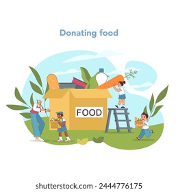 Nutritional aid concept. Diverse group of children joyfully contributing to community food donation box. Sharing and caring in youthful action. Helping out starving people. Vector illustration