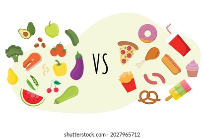 Nutritional balanced meal vs fast food cholesterol. Healthy food vs fastfood. Diet choice. The concept of proper nutrition, healthy fruits and vegetables. Choose what you eat. Eat healthy food.