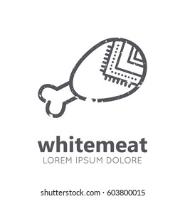 Nutritional emblem with chicken meat in flat linear ethnic style. White meat pictogram. Monochrome, black, white, isolated. Grunge texture