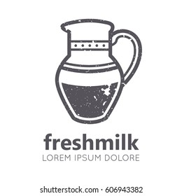 Nutritional emblem with a jug of milk in flat linear ethnic. Diary products pictogram. Monochrome, black, white, isolated. Grunge texture