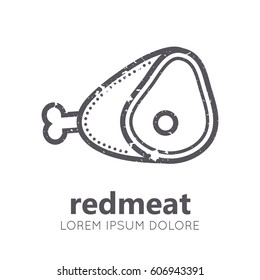 Nutritional emblem with red meat in flat linear ethnic style. Veal, cow, pork steak with a bone. Monochrome, black, white, isolated. Grunge texture