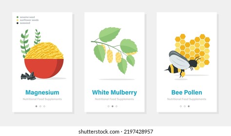 Nutritional food supplements vector onboarding collection. Isolated vertical templates with products illustrations