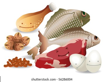 Nutritional group with fish, meat, beans, nuts, eggs and a part of chicken, all with happy faces
