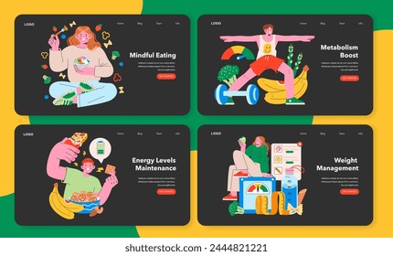 Serie Hábitos Nutricionales. Haciendo hincapié en la alimentación consciente, el aumento del metabolismo, el mantenimiento del nivel de energía y el control de peso a través de la dieta. Ilustración vectorial