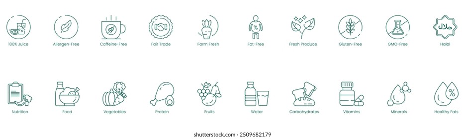 Symbole für Ernährungsqualität und Gesundheit: 100% Saft, Allergenfrei, Koffein-frei, Fair Trade, Farm Fresh, Fat-Free, Fresh Produce, Gluten-Free, GMO-Free, Halal, Nutrition, Food, Vegetables, Protein