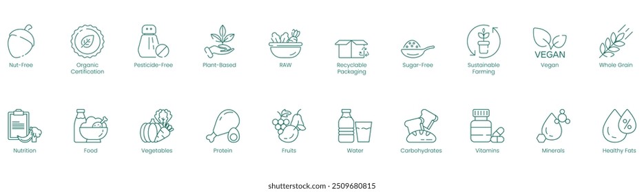 Nutritional Quality and Health Icons: Nut-Free, Organic Certification, Pesticide-Free, Plant-Based, Raw, Recyclable Packaging, Sugar-Free, Sustainable Farming, Vegan, Whole-Grain, Nutrition, Food