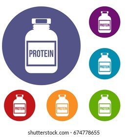 Nutritional supplement for athletes icons set in flat circle reb, blue and green color for web