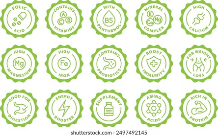 nutritional supplement vitamin mineral probiotics outline icon round rounded circle badge stamp label isolated on transparent background, green stamp set, icon set