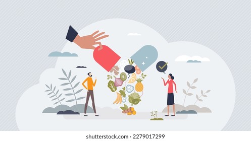 Nutritional supplements and healthy pills with vitamins tiny person concept. Natural pharmaceutical drug with amino acids, microelements and antioxidants vector illustration. Alternative meal or food