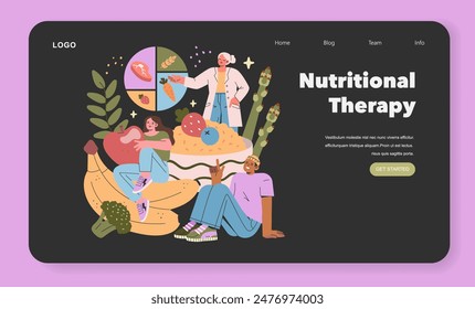 Nutritional Therapy concept. A balanced diet demonstrated through colorful food groups and happy individuals. Holistic health approach and wellness. Vector illustration.