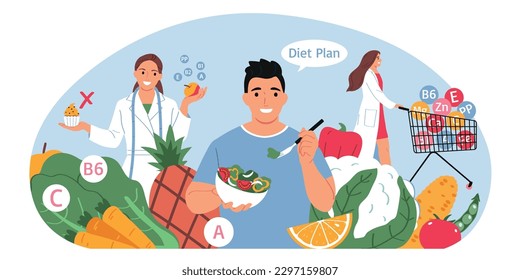 Nutritionist advice concept with diet plan symbols flat vector illsutration