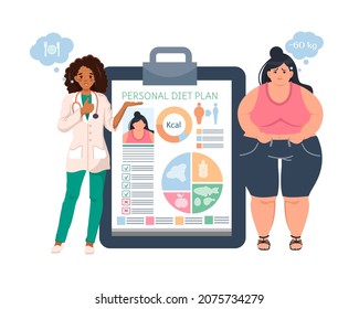 A nutritionist advises an obese patient. Weight loss recommendations and a diet plan. Professional advice. The concept of dietetics and weight loss. Vector illustration in cartoon style