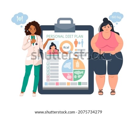 A nutritionist advises an obese patient. Weight loss recommendations and a diet plan. Professional advice. The concept of dietetics and weight loss. Vector illustration in cartoon style