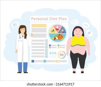 Nutritionist advises an overweight woman. Weight loss recommendations and 
a diet plan. Concept of healthy lifestyle and proper nutrition.Vector illustration.