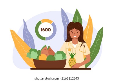 Nutritionist bowl of fruits and vegetables calorie mark. Healthy food, detox diet concept. Natural leaves background. Health improvement nutritions. Low calorie diet weight reduce vector illustration