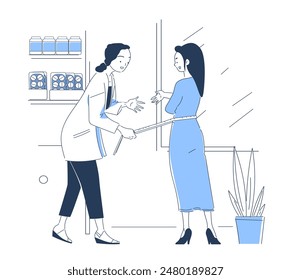 Nutritionist with client concept. Doctor in medical uniform give advices to young girl. Healthy eating and proper nutrition and diet. Linear flat vector illustration isolated on white background