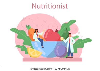 Nutritionist concept. Diet plan with healthy food and physical activity. Calorie control and diet concept. Vector illustration in cartoon style