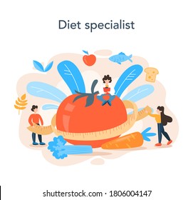 Nutritionist concept. Diet plan with healthy food and physical activity. Calorie control and diet concept. Vector illustration in cartoon style