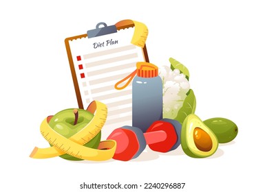 Nutritionist concept. Diet plan with healthy food and physical activity. Vector illustration