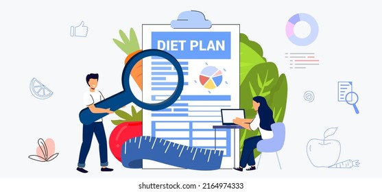 Nutritionist concept Diet plan Weight loss program Online medical consultation Healthcare Nutrition therapy Healthy food and physical activity Vector illustration flat Checklist Doctor planning diet