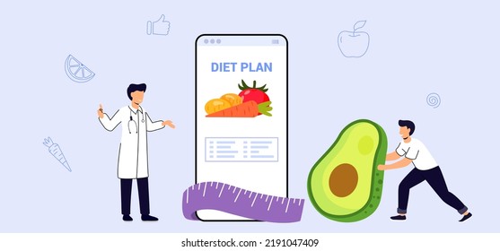 Nutritionist concept Diet plan Weight loss program Online medical consultation Healthcare Nutrition therapy Healthy food and physical activity Vector illustration flat Checklist Doctor planning diet