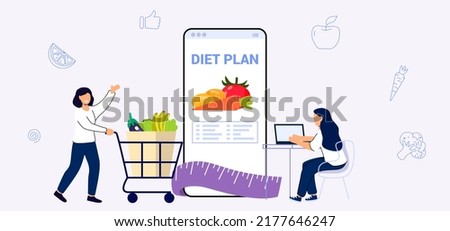 Nutritionist concept Diet plan Weight loss program Online medical consultation Healthcare Nutrition therapy Healthy food and physical activity Vector illustration flat Checklist Doctor planning diet