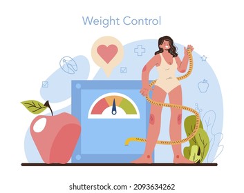 Nutritionist concept. Diet therapy with healthy food and physical activity. Weight control program and diet plan. Vector illustration in cartoon style