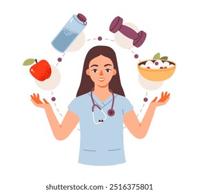 Concepto nutricionista. Alimentación saludable, equilibrada, programa de pérdida de peso. Control de peso y bienestar. Médico de Vector plano 