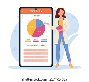 Nutritionist concept. Nutrition loss recommendation and diet plan. A mobile application with health monitoring. Vector illustration