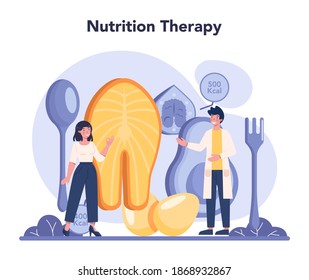 Nutritionist concept. Nutrition therapy with healthy food and physical activity. Weight loss program and diet concept. Vector illustration in cartoon style