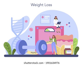 Nutritionist concept. Nutrition therapy with healthy food and physical activity. Weight loss program and diet concept. Vector illustration in cartoon style