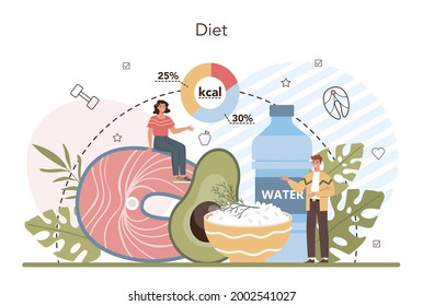Nutritionist concept. Nutrition therapy with healthy food and physical activity. Weight loss program and diet plan. Vector illustration in cartoon style