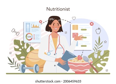 Nutritionist concept. Nutrition therapy with healthy food and physical activity. Weight loss program and diet plan. Vector illustration in cartoon style