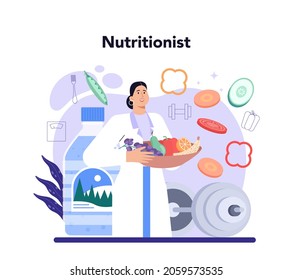 Nutritionist concept. Nutrition therapy with healthy food and physical activity. Weight loss recommendation and diet plan. Vector illustration in cartoon style