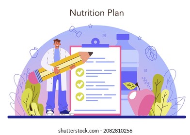 Nutritionist concept. Nutrition therapy with healthy food and physical activity. Weight loss program and diet plan. Vector illustration in cartoon style