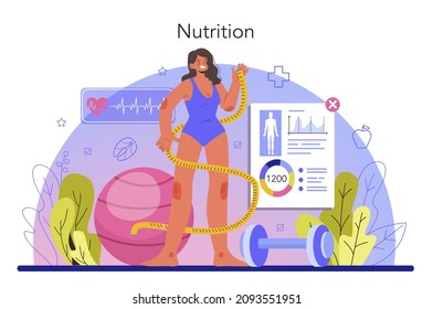 Nutritionist concept. Nutrition therapy with healthy food and physical activity. Weight loss program and diet plan. Vector illustration in cartoon style
