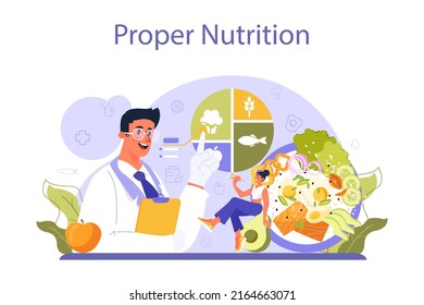 Nutritionist Concept. Nutrition Therapy With Healthy Food And Physical Activity. Weight Loss Program And Diet Plan. Vector Illustration In Cartoon Style