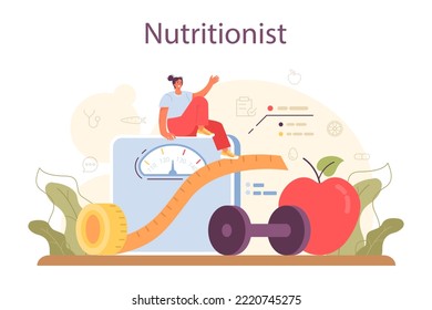 Nutritionist concept. Nutrition therapy with healthy food and physical activity. Weight loss program and diet plan. Vector illustration in cartoon style