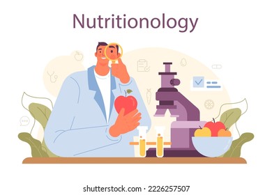 Nutritionist concept. Nutrition therapy with healthy food and physical activity. Weight loss program and diet plan. Vector illustration in cartoon style