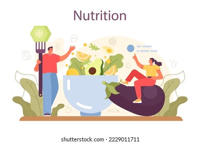 Nutritionist concept. Nutrition therapy with healthy food and physical activity. Weight loss program and diet plan. Vector illustration in cartoon style