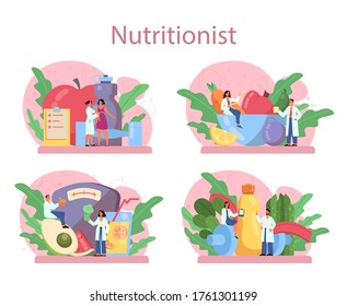 Nutritionist concept set. Diet plan with healthy food and physical activity. Calorie control and diet concept. Vector illustration in cartoon style