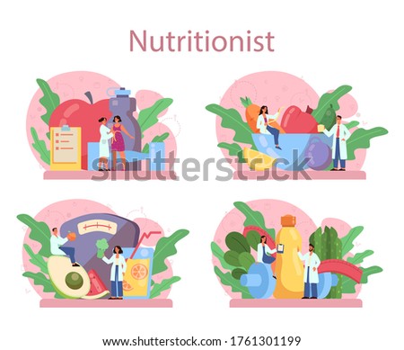 Nutritionist concept set. Diet plan with healthy food and physical activity. Calorie control and diet concept. Vector illustration in cartoon style