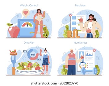 Conjunto de conceptos nutricionistas. Terapia dietética con alimentos sanos y actividad física. Programa de control de peso y plan de dieta. Ilustración vectorial en estilo de caricatura