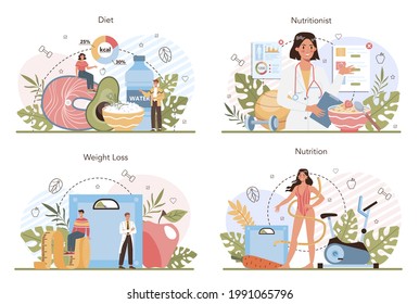 Nutritionist concept set. Nutrition therapy with healthy food and physical activity. Weight loss program and diet plan. Vector illustration in cartoon style