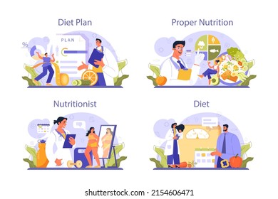 Nutritionist concept set. Nutrition therapy with healthy food and physical activity. Weight loss program and diet plan. Vector illustration in cartoon style