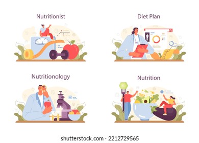 Nutritionist concept set. Nutrition therapy with healthy food and physical activity. Weight loss program and diet plan. Vector illustration in cartoon style