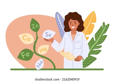 Nutritionist concept. Smiling woman doctor choose your individual nutrition therapy with healthy food and supplements. Health improwement program and diet plan. Vector illustration in flat style